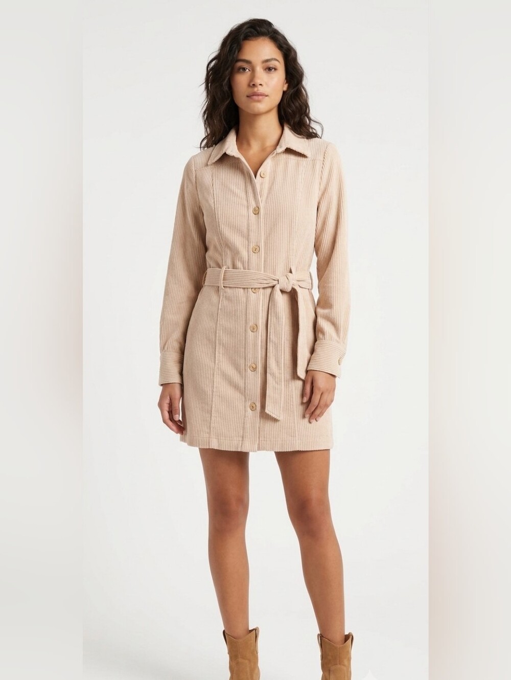 Promesa Corduroy Button-Front Shirt Dress in Light Beige Small